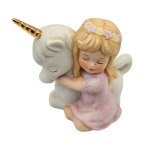 Vintage 1982 Enesco Porcelain Unicorn and Little Girl Figurine Nursery